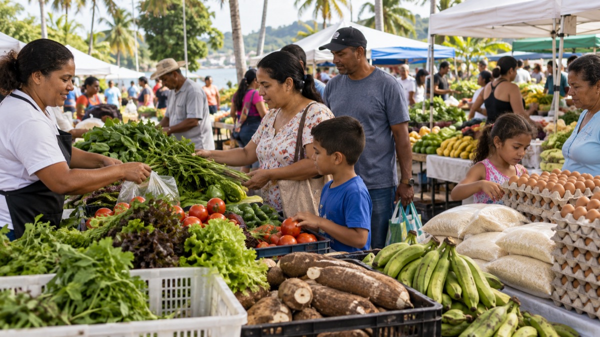 Panama community agro-fair with families choosing fresh vegetables rice and eggs from orderly market tables