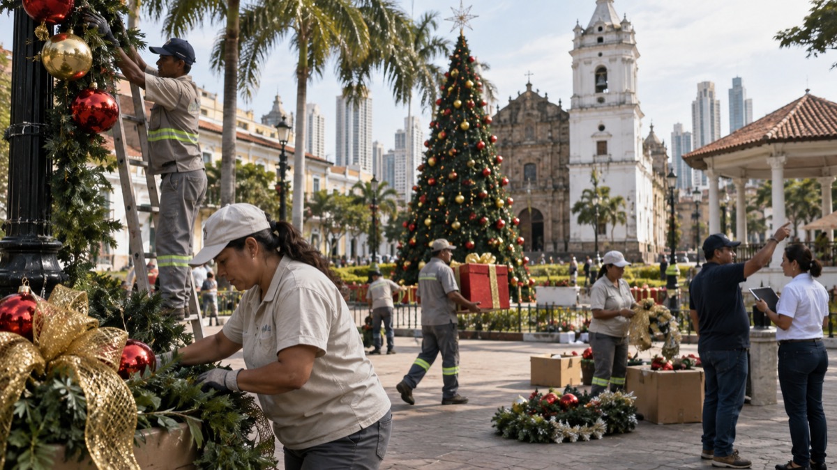Panama City municipal workers planning a family holiday event in a public plaza with decorations being arranged, no readable banners