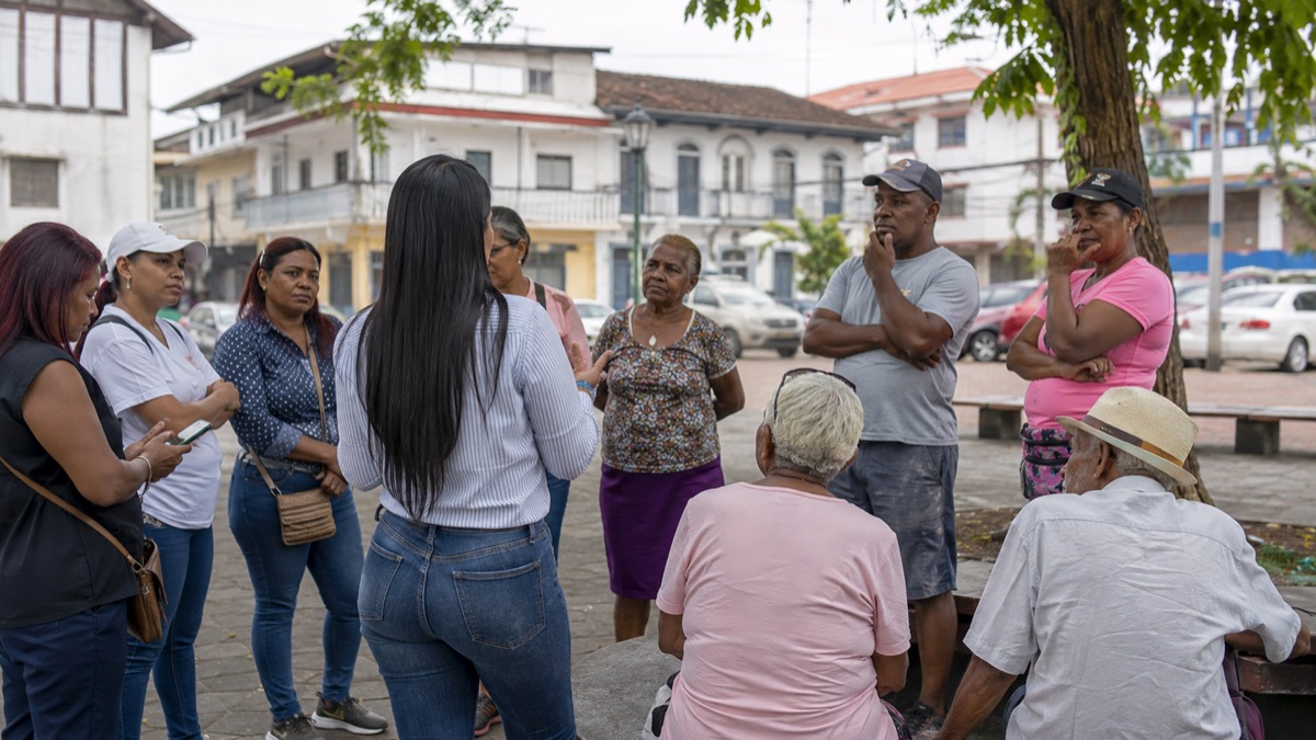 multigenerational Panamanian community in an urban public plaza, working-age adults and older residents together, wide respectful documentary scene