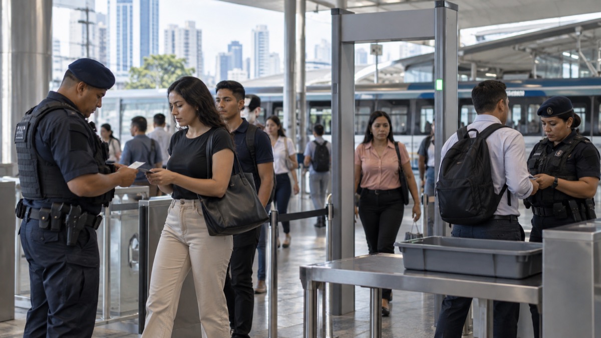 Panama City metro station security checkpoint with commuters walking calmly and two generic officers checking documents, no readable text