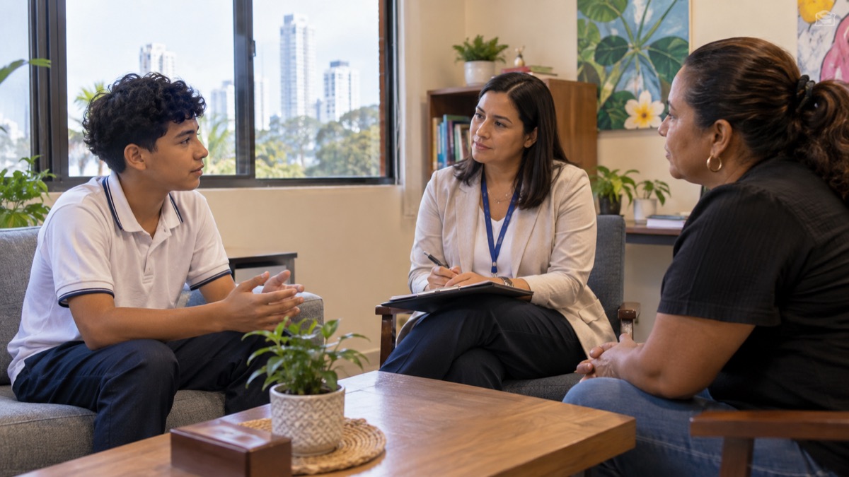 Panama school counseling room with a teen speaking calmly with a counselor and parent, respectful mental health support scene, no readable papers