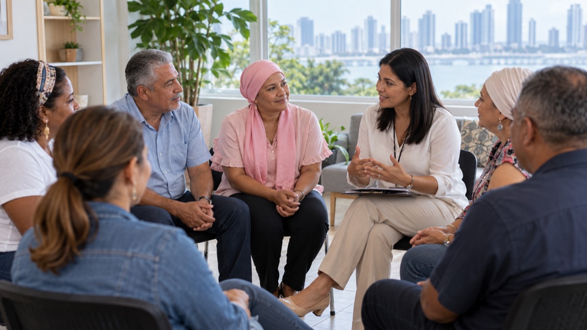 cancer survivor support meeting in Panama with adults speaking with a health counselor in a bright community room, respectful photo