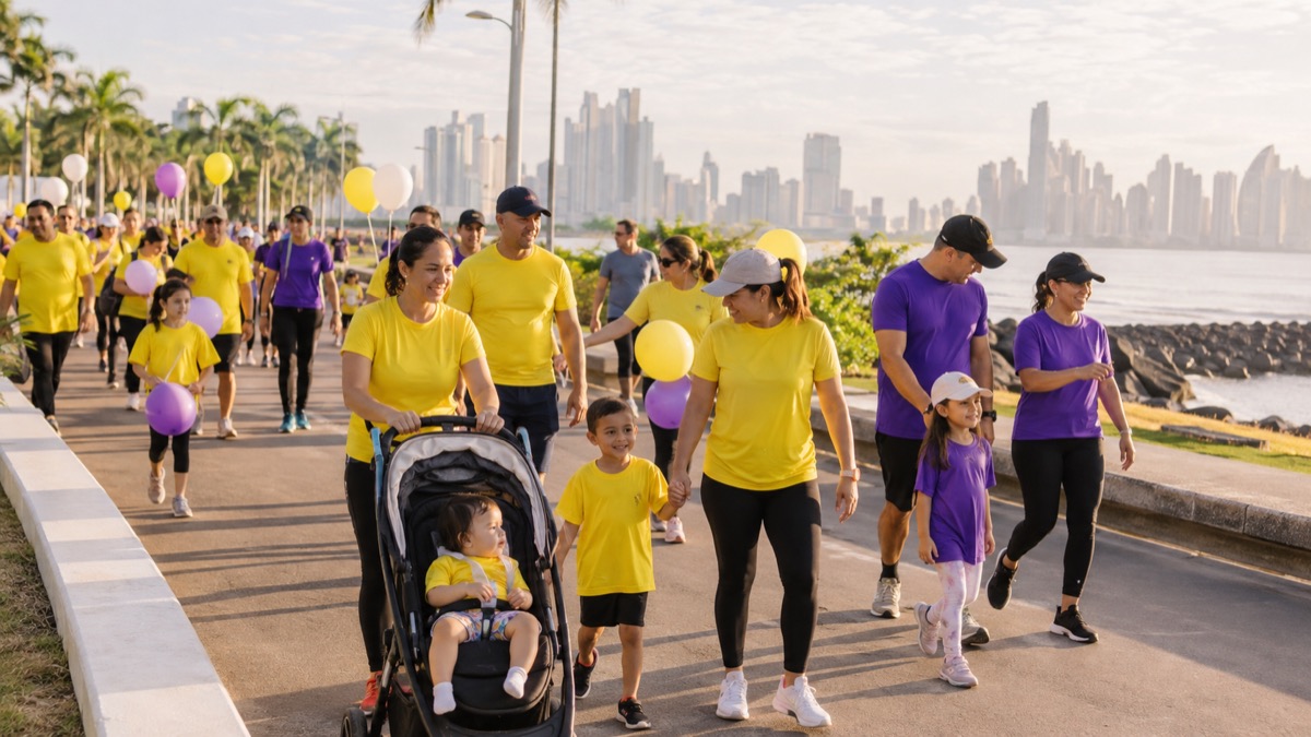 community charity relay on Cinta Costera in Panama City with families and volunteer teams walking together at sunrise, uplifting respectful scene