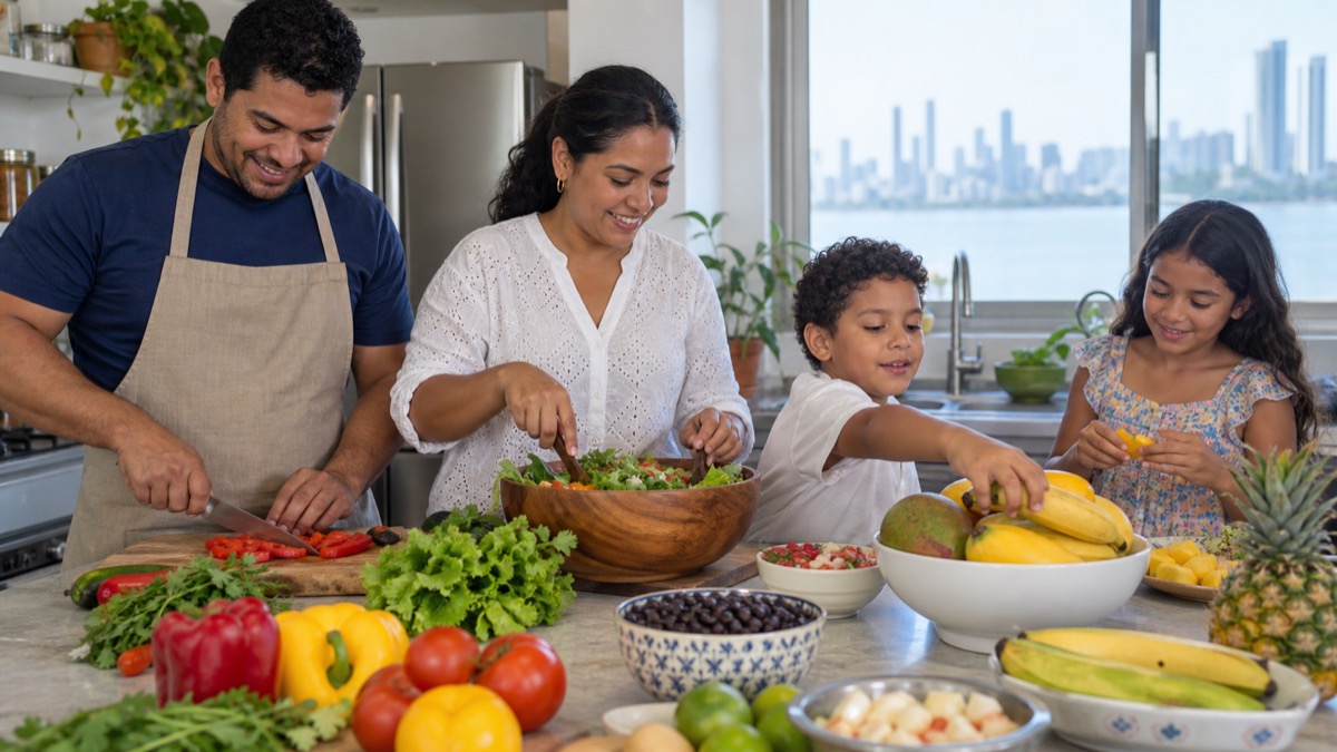 Panamanian family preparing a colorful healthy meal in a bright kitchen while a child reaches for fruit, natural documentary photo