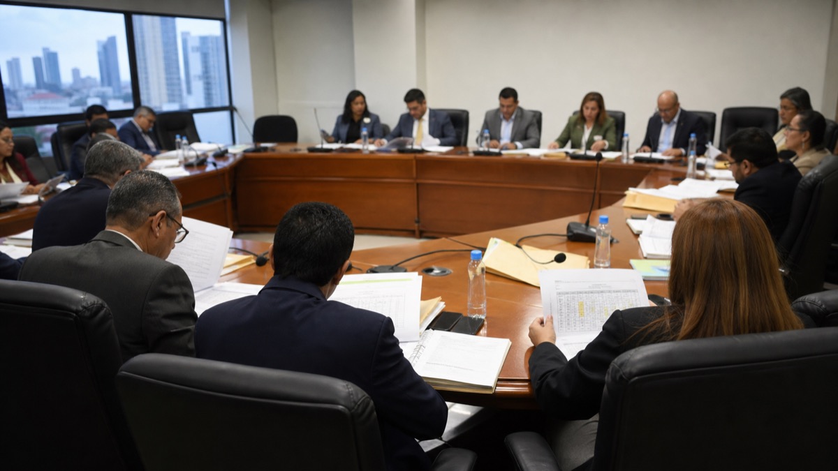 neutral government budget hearing in Panama with lawmakers and agency staff reviewing generic expense folders in a committee room, people shown from behind