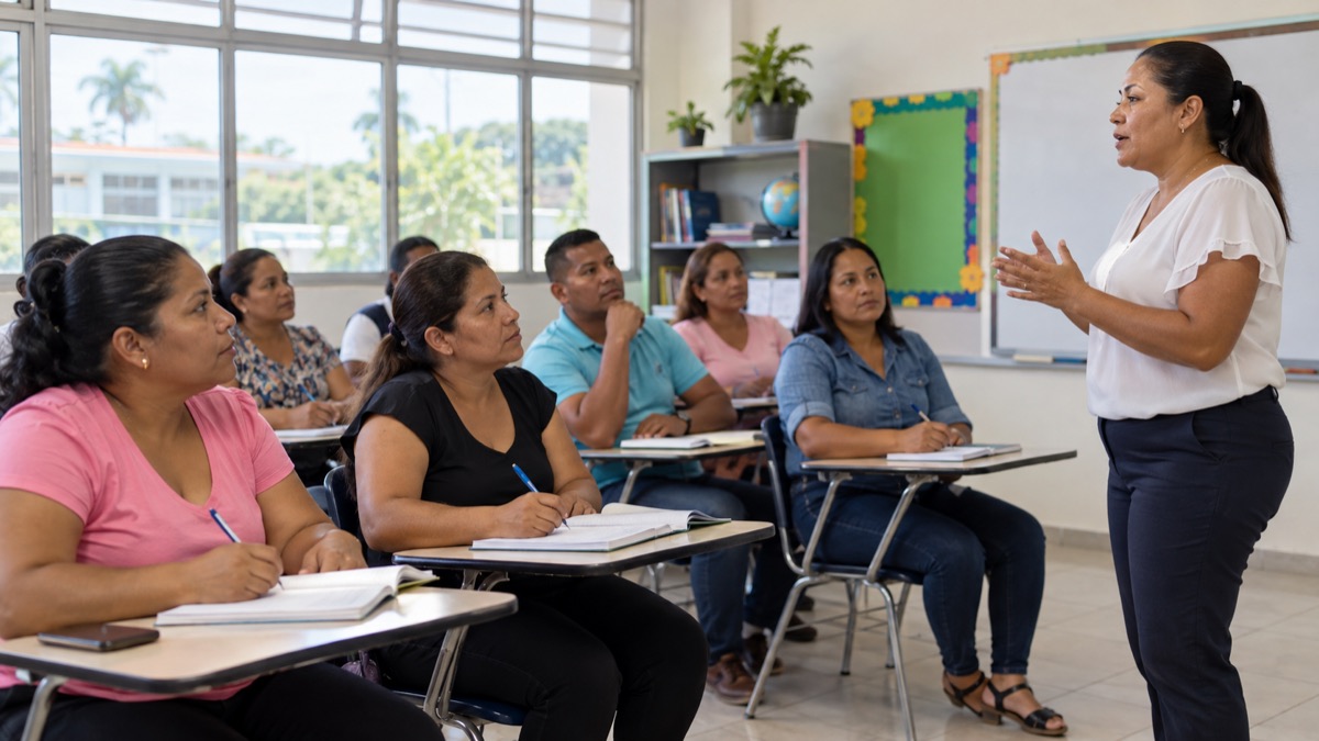 Panama school classroom with parents attending a workshop led by an educator, notebooks open, no readable board text