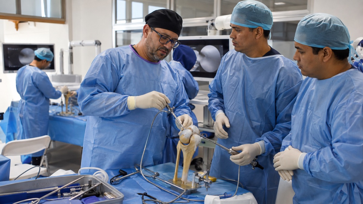 orthopaedic surgeons in a modern Panama medical training lab practising knee arthroscopy on a synthetic anatomical training model, no patient and no graphic content
