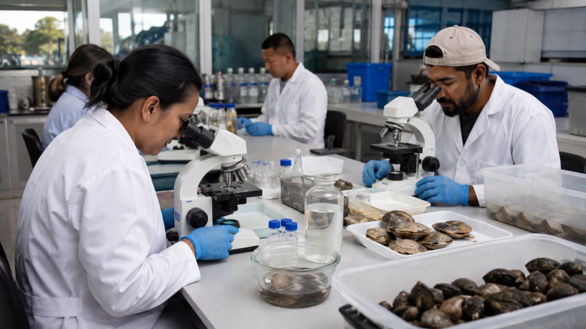 Panamanian marine science laboratory with researchers examining shellfish samples and water through microscopes, clean realistic documentary photography