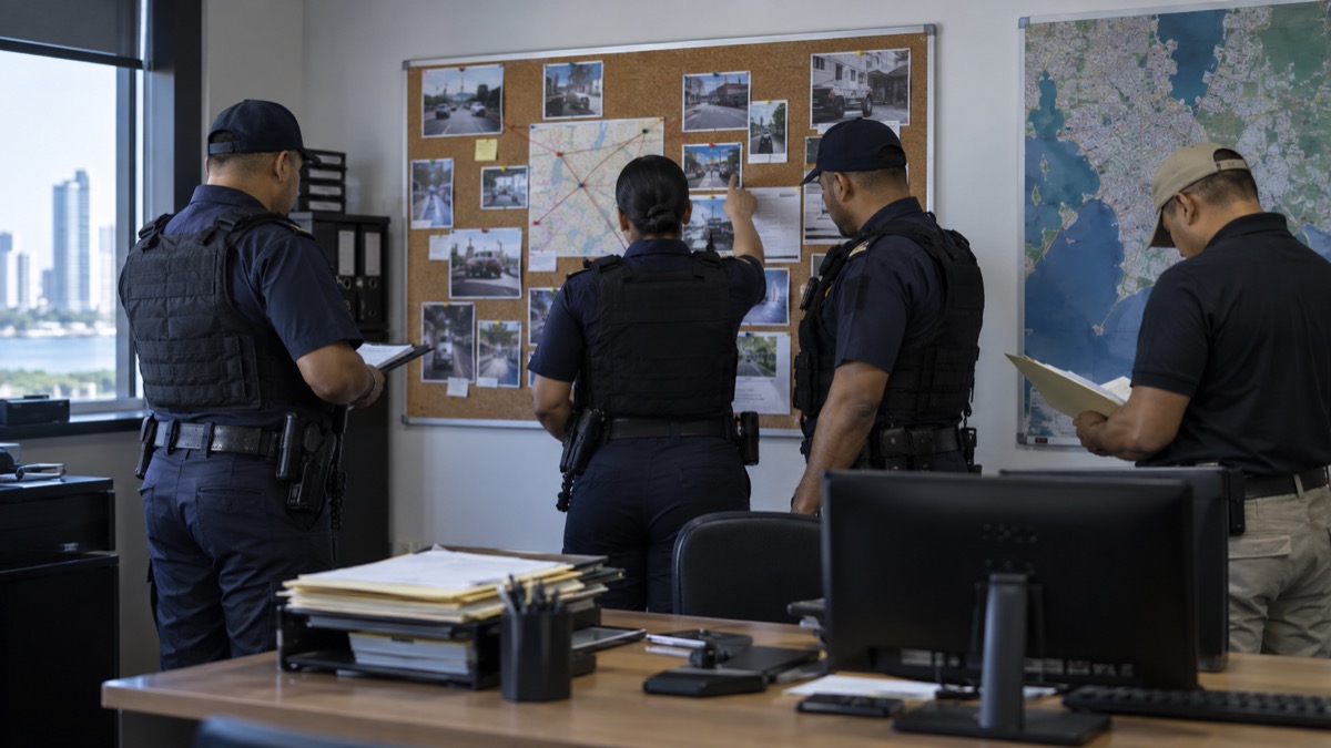 generic Panama police information desk with officers reviewing a case board, no identifiable faces, no readable text