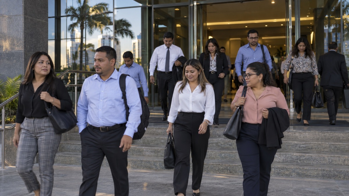Panama public service employees leaving an office building at the end of a workday, natural candid editorial photo