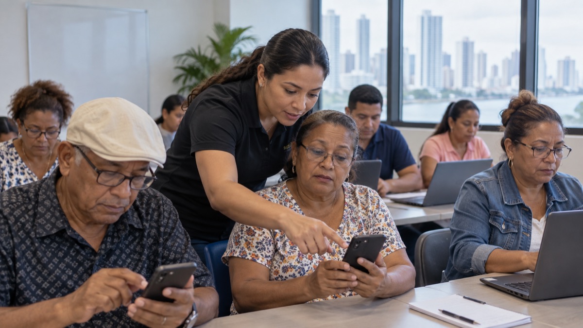 Panamanian adults in a digital safety workshop looking at phones and laptops with an instructor, no readable screens or logos