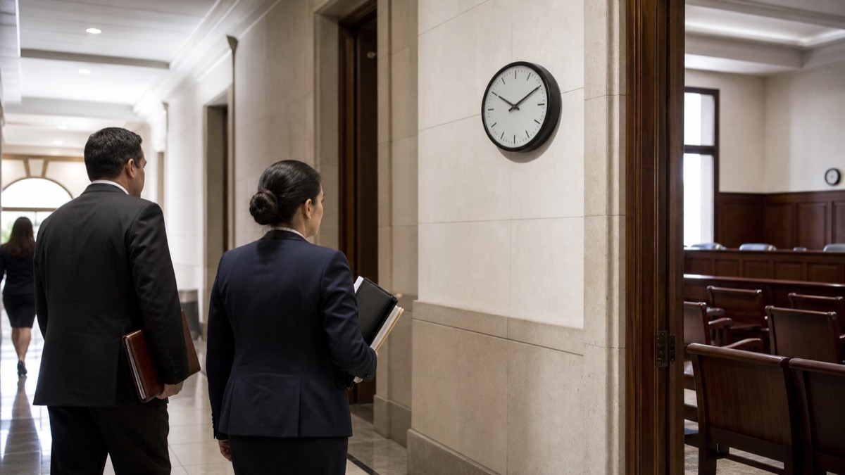 quiet courthouse corridor in Panama with legal staff carrying closed folders and an empty hearing-room doorway, no recognizable individuals