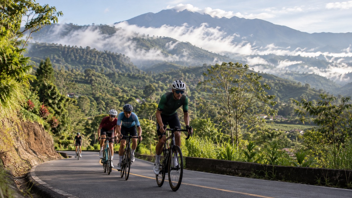 road cyclists riding through the green highlands of Boquete Panama with mountains and mist in the background, dynamic sports documentary photo