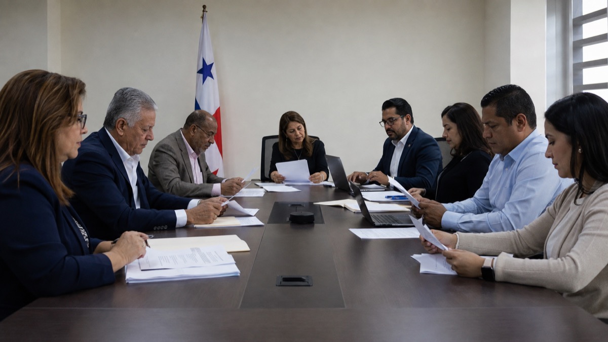 neutral university budget review in Panama with educators and administrators around a committee table, generic papers with no readable text