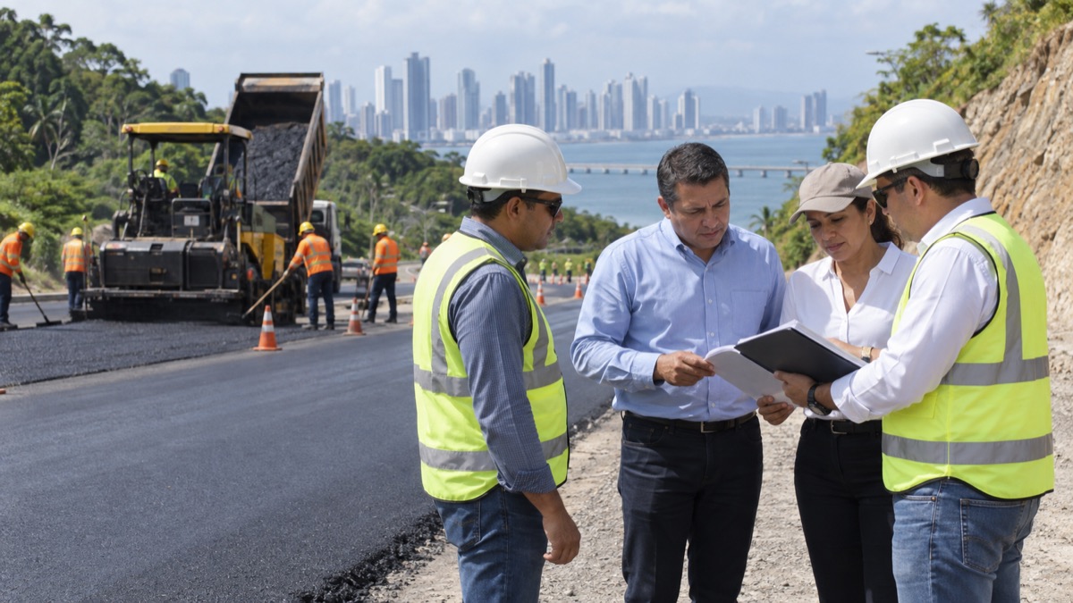 Panama road rehabilitation site with engineers inspecting pavement and generic officials discussing project folders, no logos or readable signs