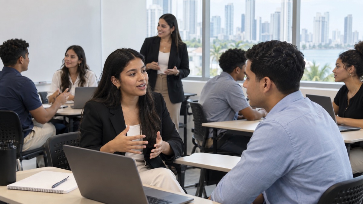 Panama training classroom with young adults practicing English conversation for job interviews, laptops open, no readable screens