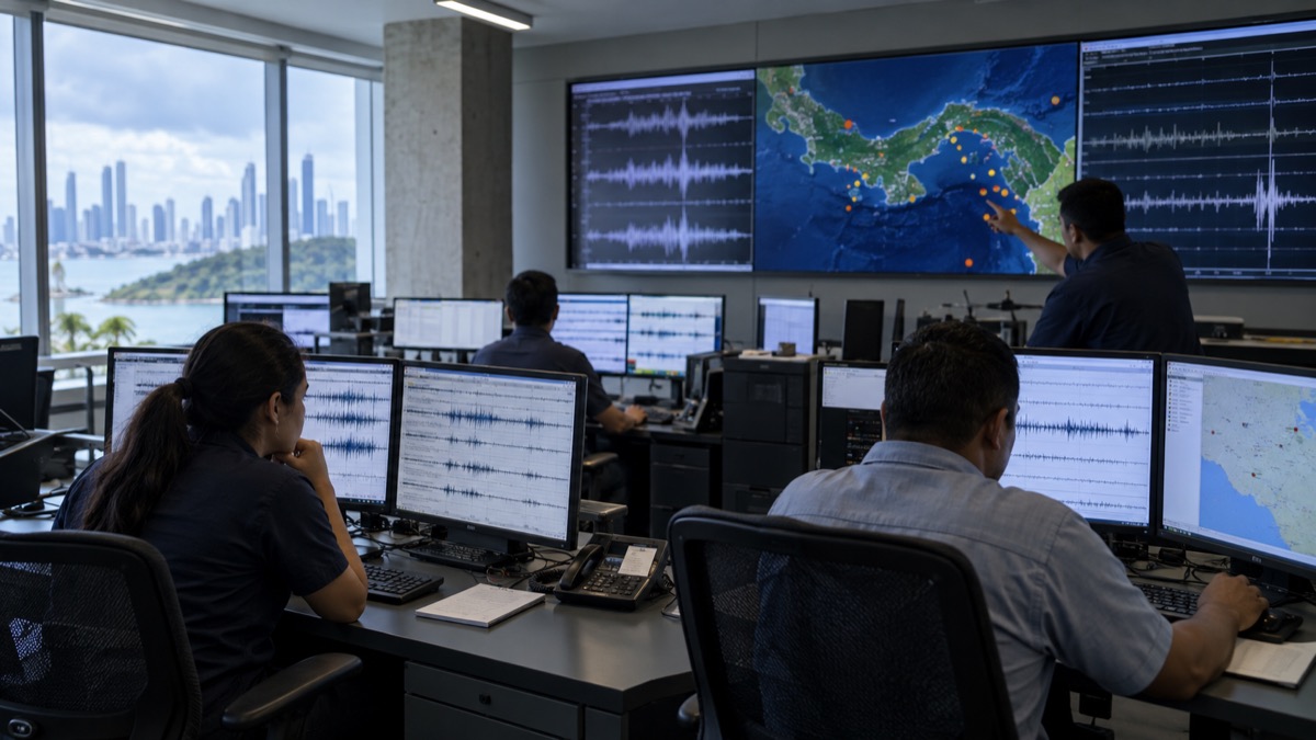 Panama earthquake monitoring centre with seismograph screens unreadable, technicians at work, factual documentary scene