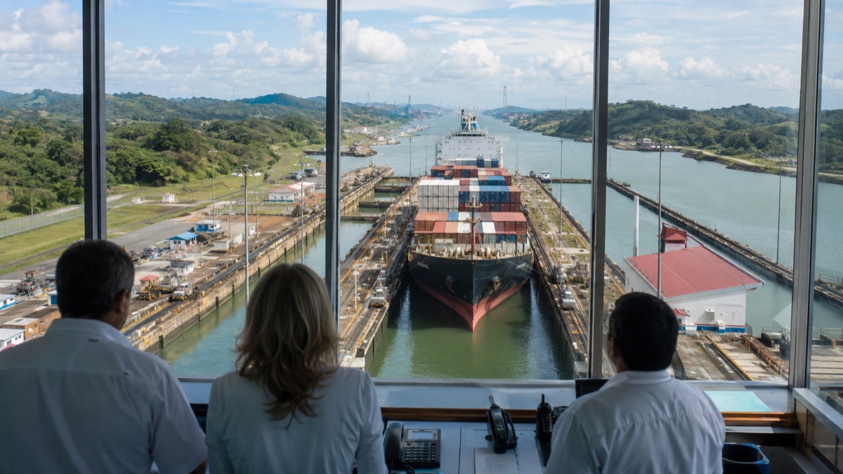 wide documentary view of Panama Canal operations with a cargo ship moving through locks and canal control staff shown from behind, no individual likeness
