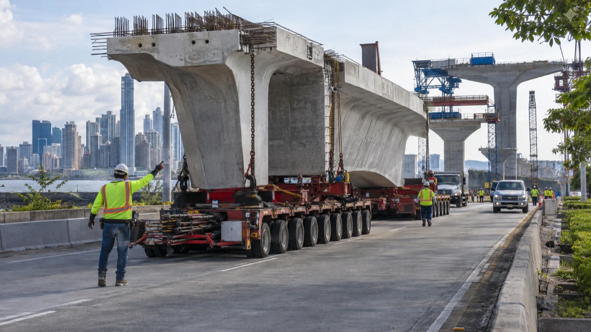 Panama infrastructure project with engineers and large bridge construction components moving safely along a city road