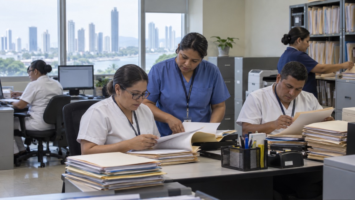 Panama public hospital administrative office with healthcare workers reviewing payroll folders, no readable documents or logos