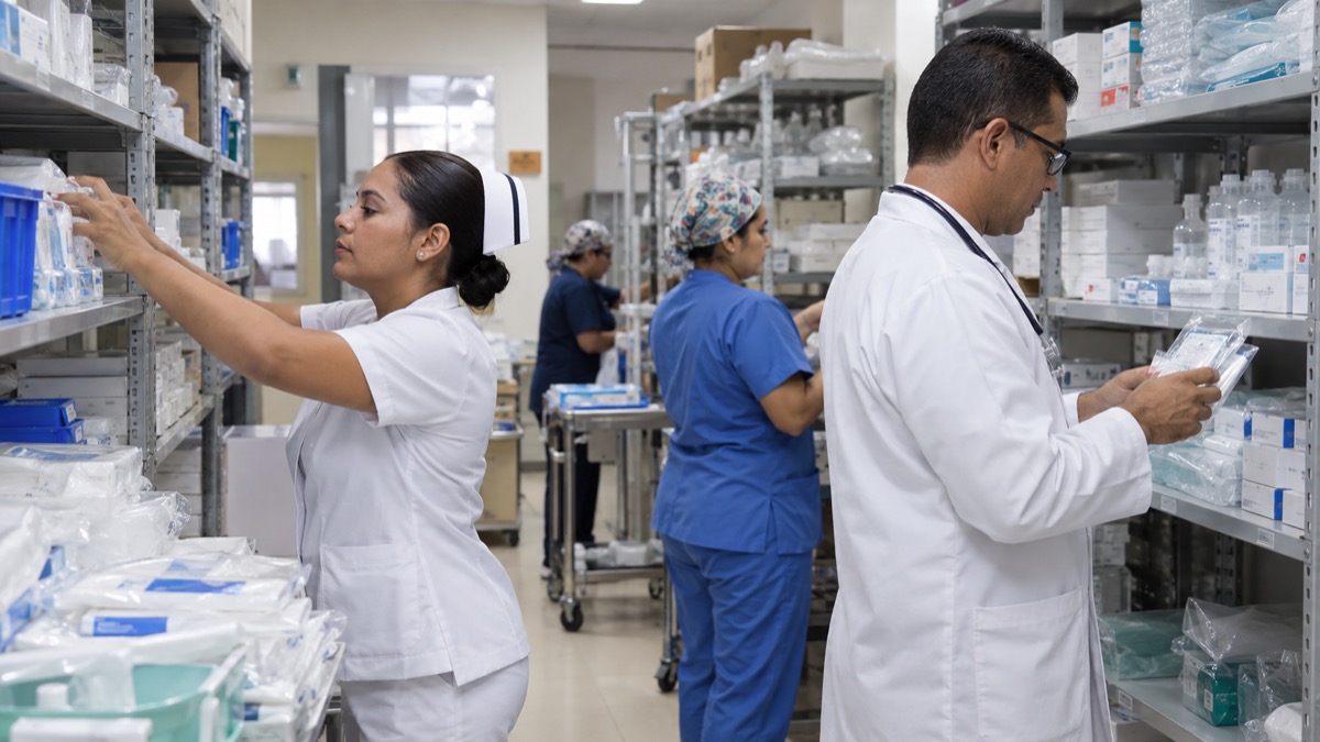 Panama public hospital supply room with doctors and nurses checking shelves of medical supplies, no labels or readable text