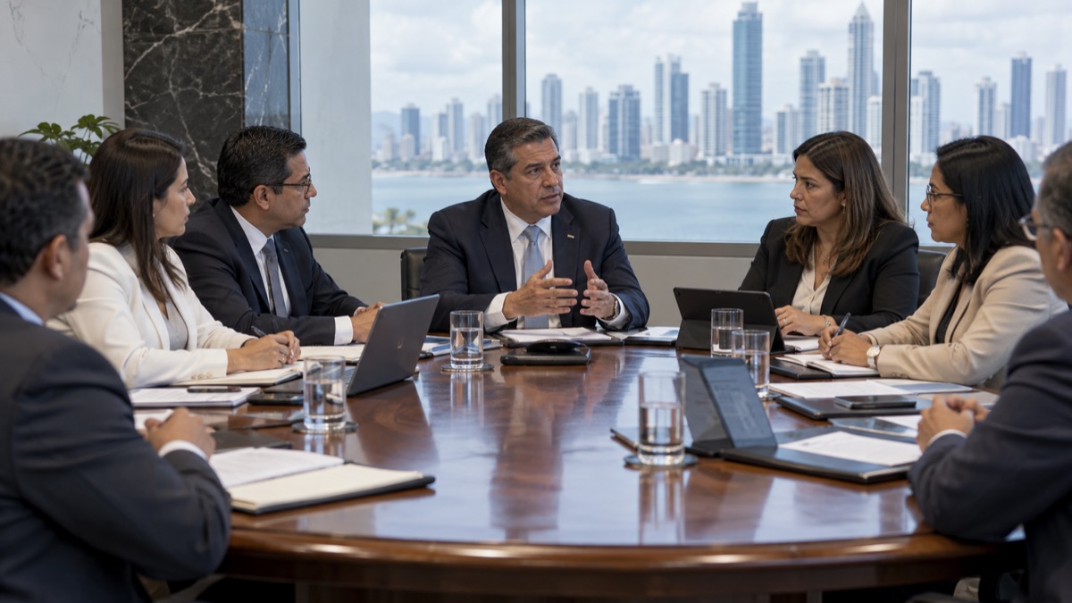Panama public health budget meeting with generic officials in a committee room, no readable papers or public figure likeness