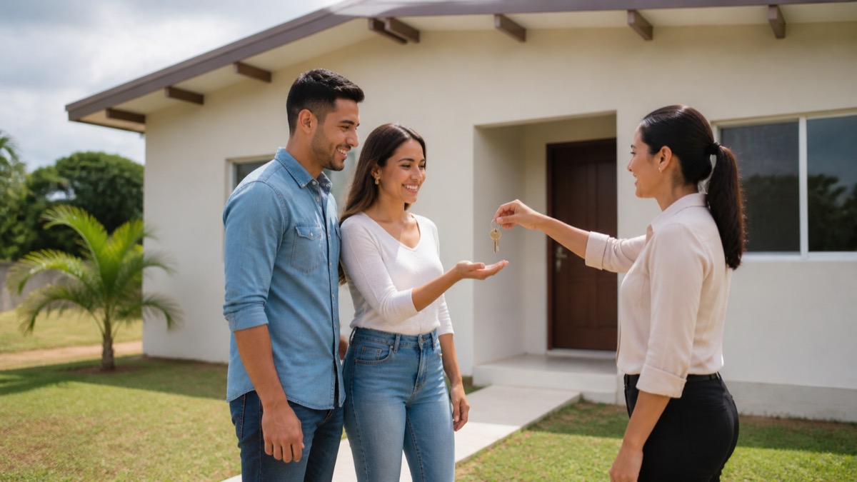young Panamanian couple receiving keys while viewing a modest newly built home, real-estate representative nearby, no political figure likeness