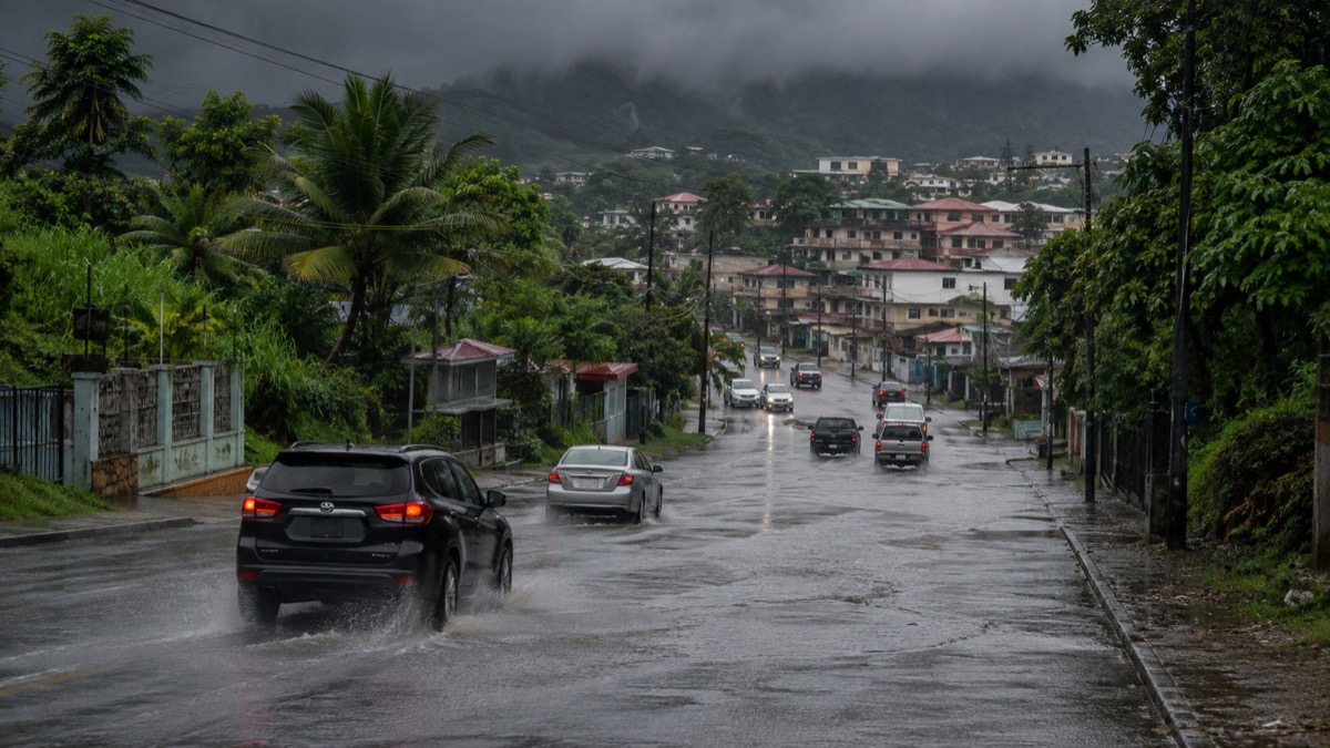 heavy tropical rain over a Panama community with wet roads, dark clouds and careful traffic, wide safe documentary weather scene