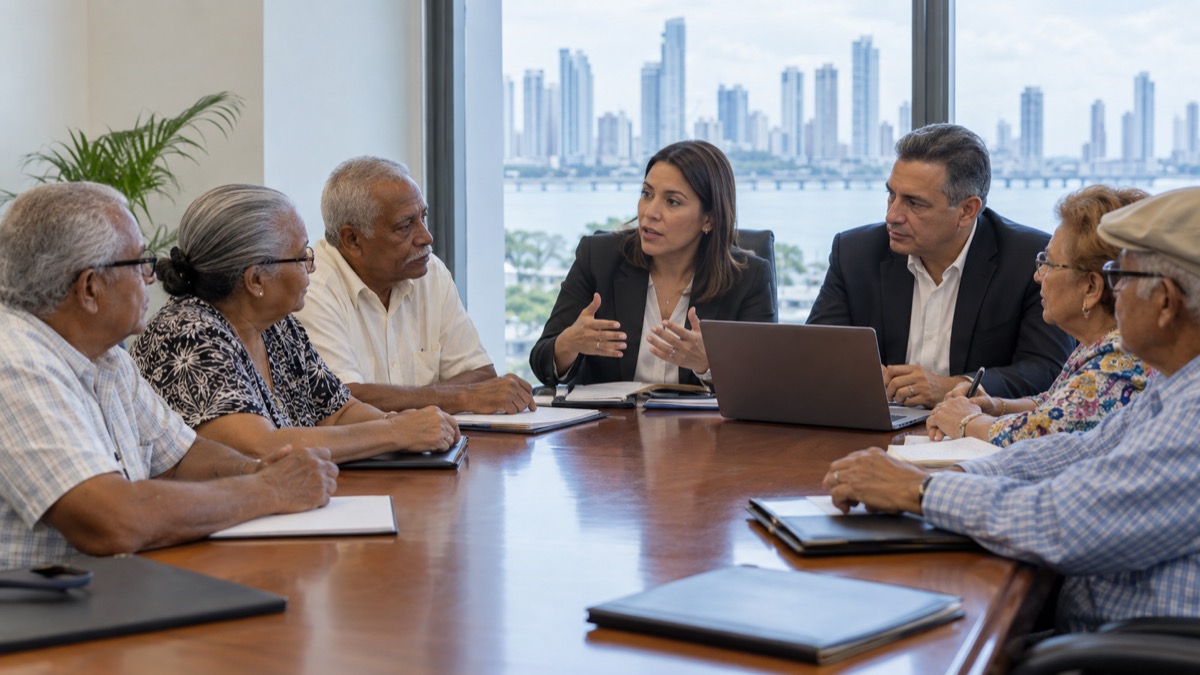 Panama civic meeting room with retirees and generic officials discussing benefit proposals around a table, respectful documentary scene
