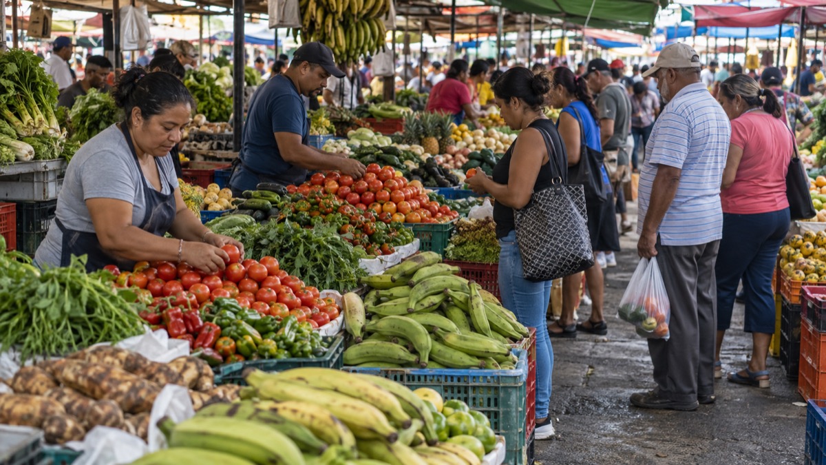 busy Panama produce market with vendors arranging tomatoes plantains and vegetables, shoppers comparing prices, no readable signs