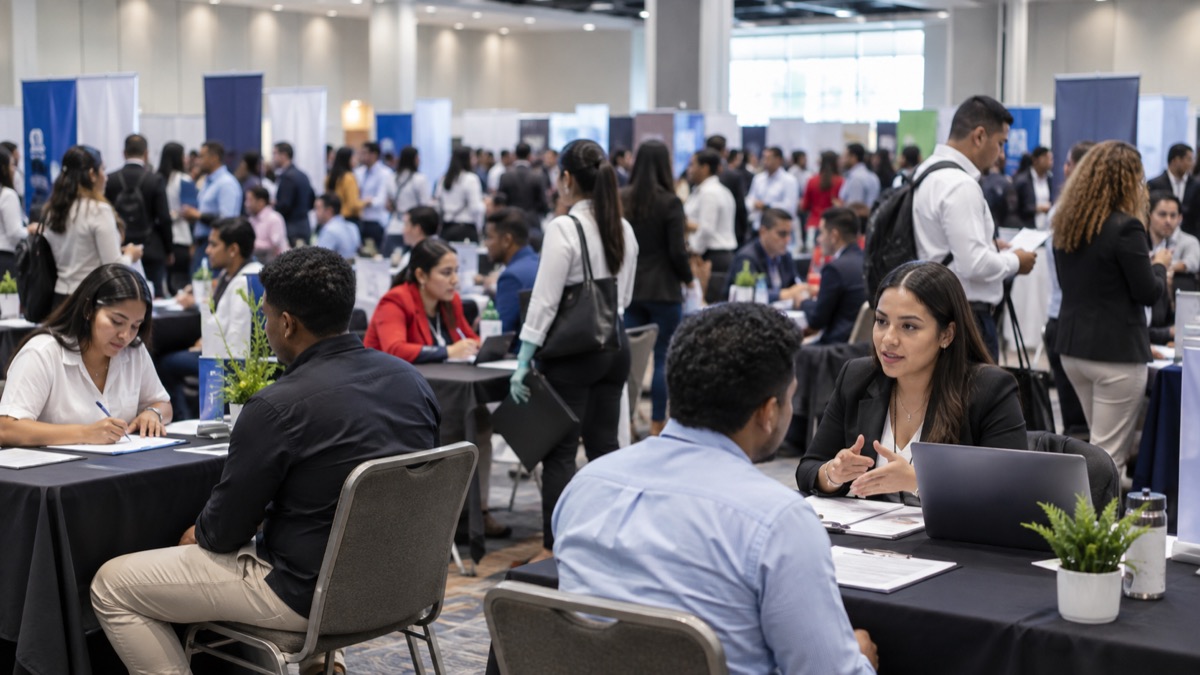 busy Panama job fair inside a convention center with recruiters interviewing applicants at tables, no readable booth signs
