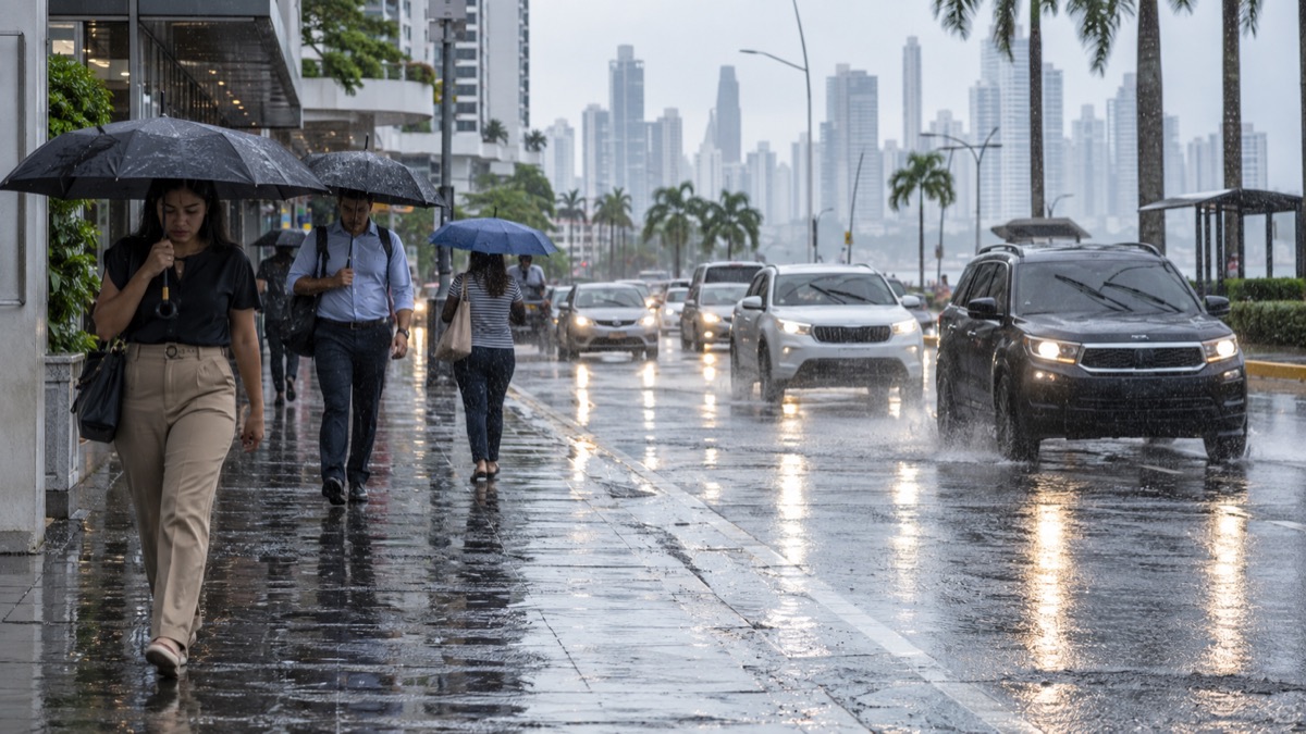 Panama City street during heavy rain with pedestrians using umbrellas and traffic moving carefully, no readable signs