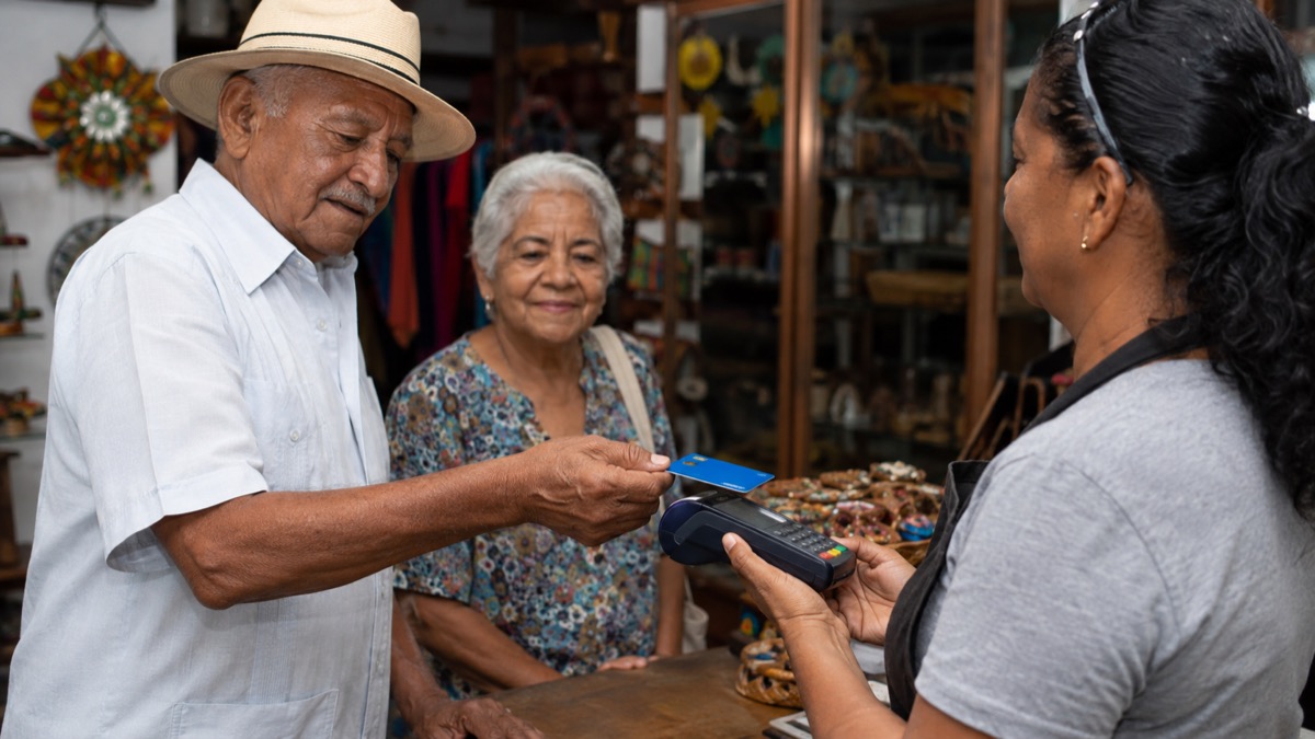 older Panamanian shoppers making a secure generic payment at a local shop counter, payment details hidden, realistic editorial scene