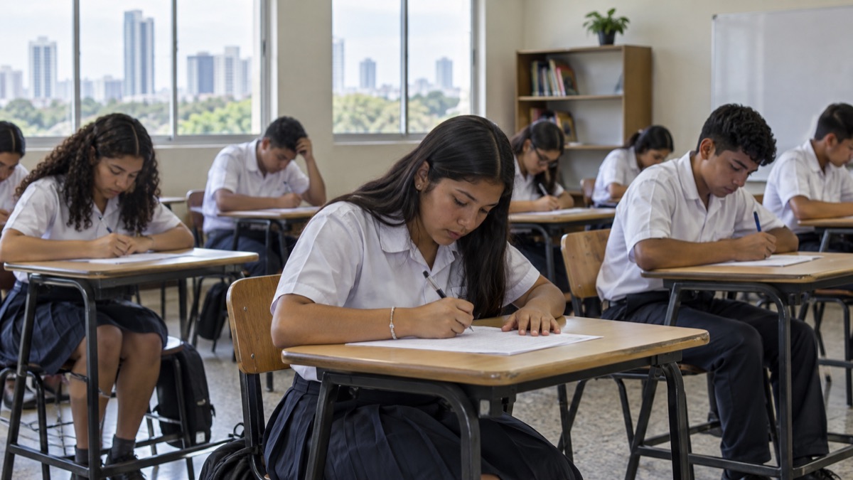 Panamanian secondary school classroom with students taking a quiet assessment, no readable test papers