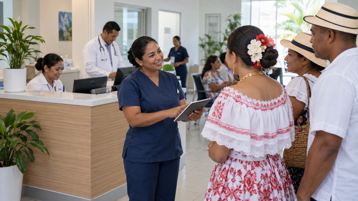 Panama community health center staff assisting festival visitors in a clean clinic reception area, no text or logos