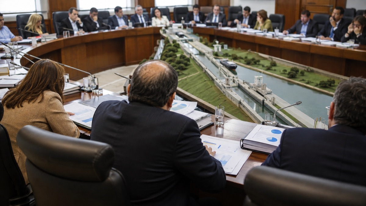 Panama Canal financial planning meeting in a neutral legislative committee room with generic charts and a scale model of canal locks, no recognizable officials