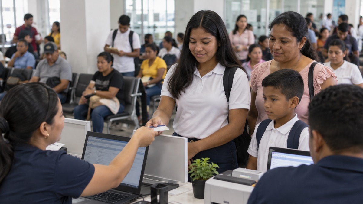 Panama education benefit service center with parents and students waiting calmly to receive cards, no readable documents or logos