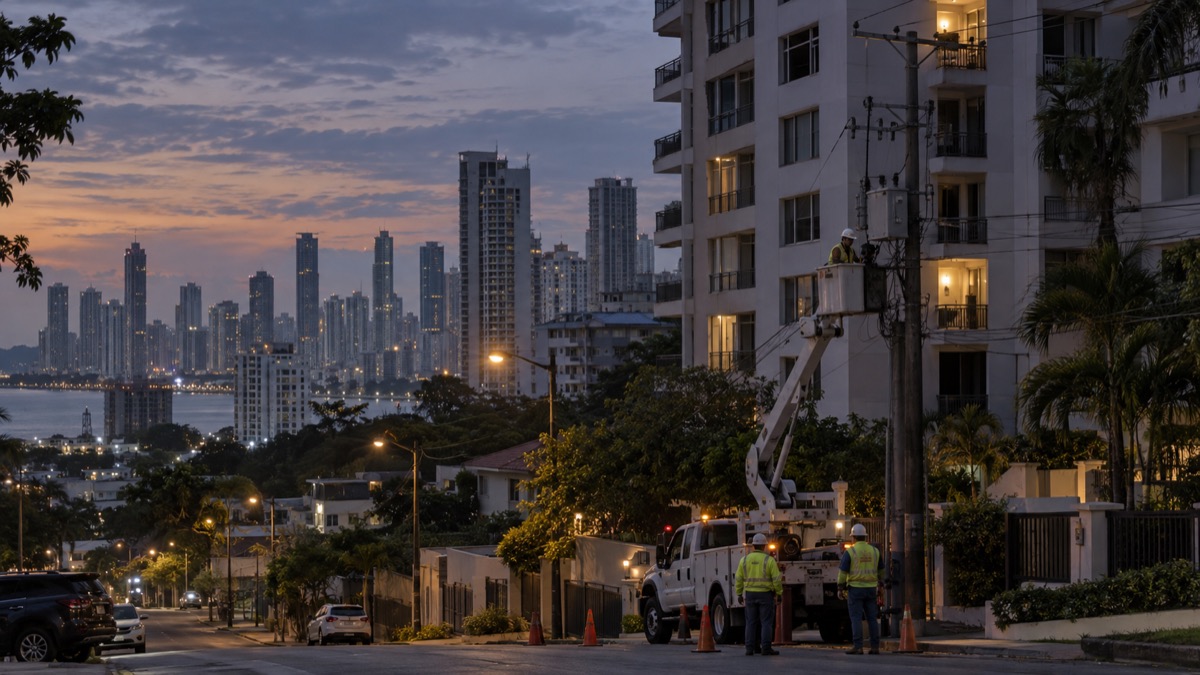 Panama City neighborhood at dusk with some apartment windows dark and utility workers inspecting equipment from a distance, factual non dramatic photo