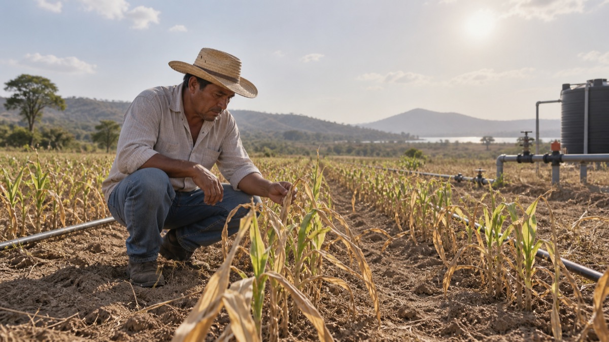 Panamanian farmer inspecting dry crop rows under hazy sun with irrigation equipment nearby, factual agriculture documentary photo