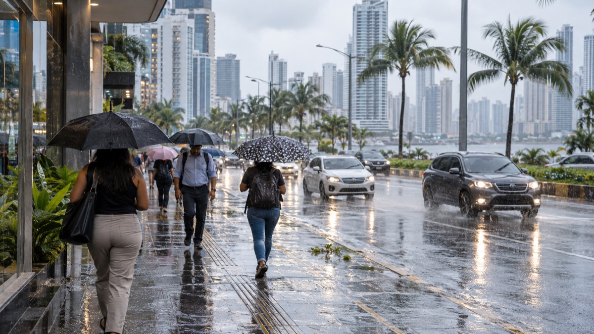 Panama city street during a tropical rain shower with pedestrians using umbrellas and safe traffic, no signs