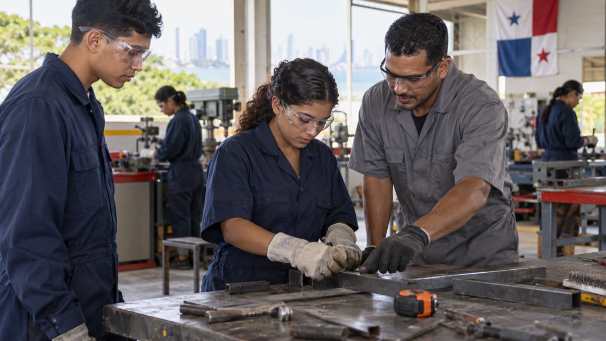 youth vocational training workshop in Panama with young adults learning practical skills alongside mentors, hopeful respectful scene