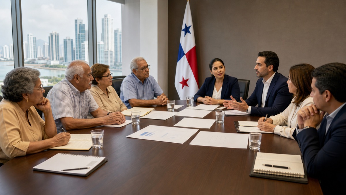 business representatives and older-adult advocates seated at a neutral policy roundtable in Panama, respectful discussion, no readable signs