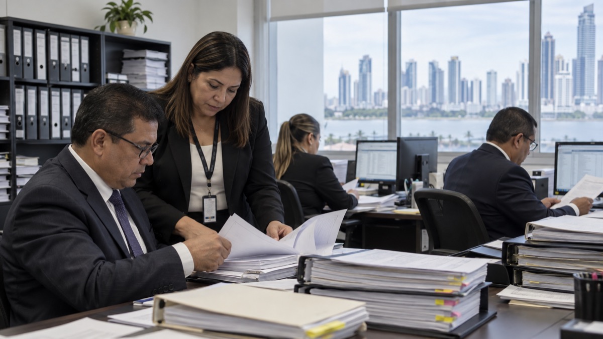 neutral Panama audit office with government auditors reviewing financial folders and computer screens, no readable documents