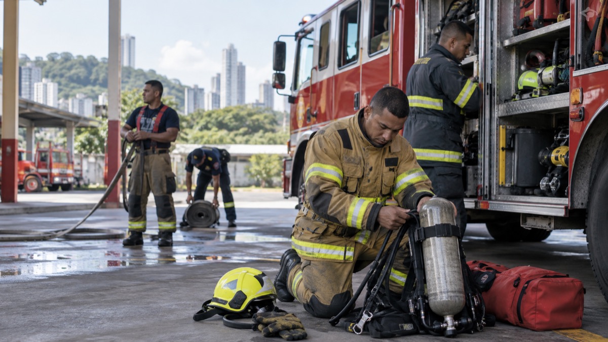 Panama firefighters preparing equipment beside a fire truck at a station yard, calm emergency readiness scene, no logos or text