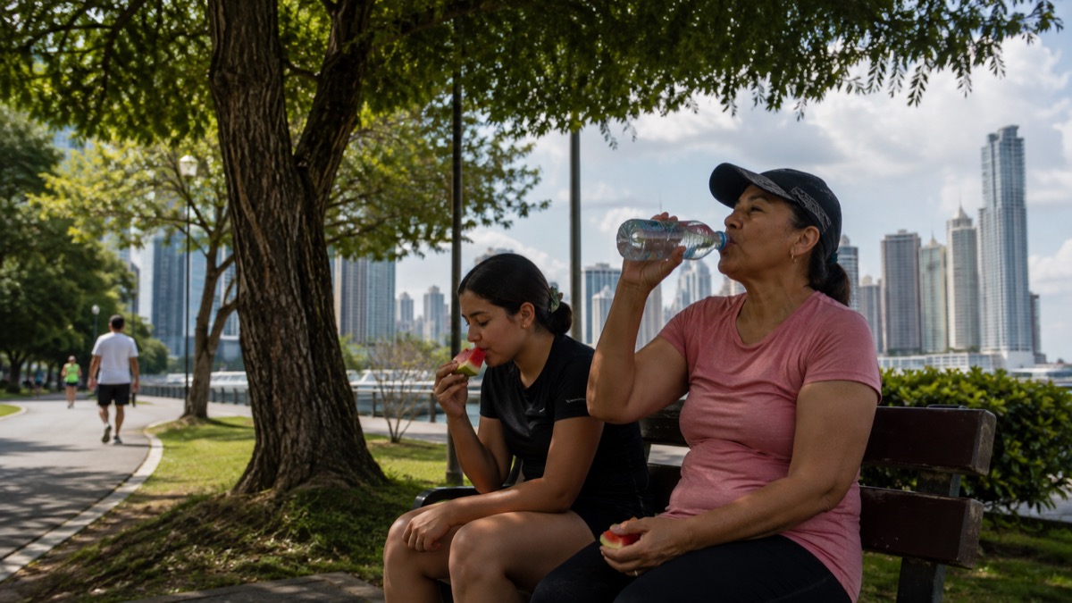 people staying hydrated with water and fresh fruit in a shaded Panama City park during hot weather, natural documentary photography