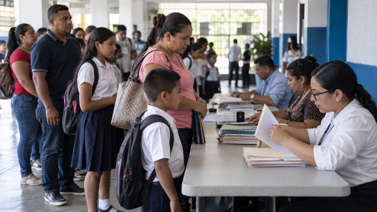 orderly school benefit registration desk in Panama with parents and students waiting in line, staff checking folders, no readable documents