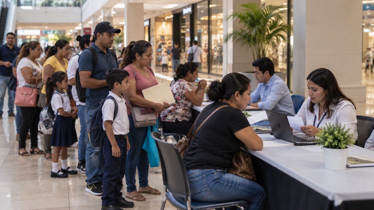 orderly education benefit service desk in a Panama shopping center with parents waiting in line, generic staff assisting, no logos or readable documents