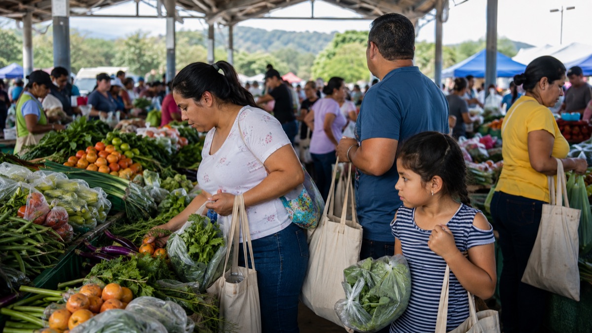 busy Panama community food market with fresh produce in reusable bags, families shopping at orderly outdoor stalls, no text or logos