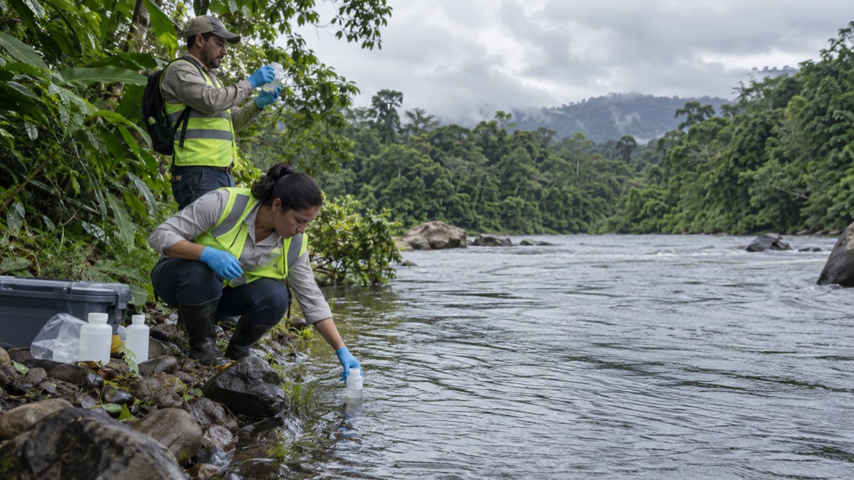 Panama environmental scientists in safety vests carefully collecting river water samples from a riverbank, realistic documentary scene, no logos