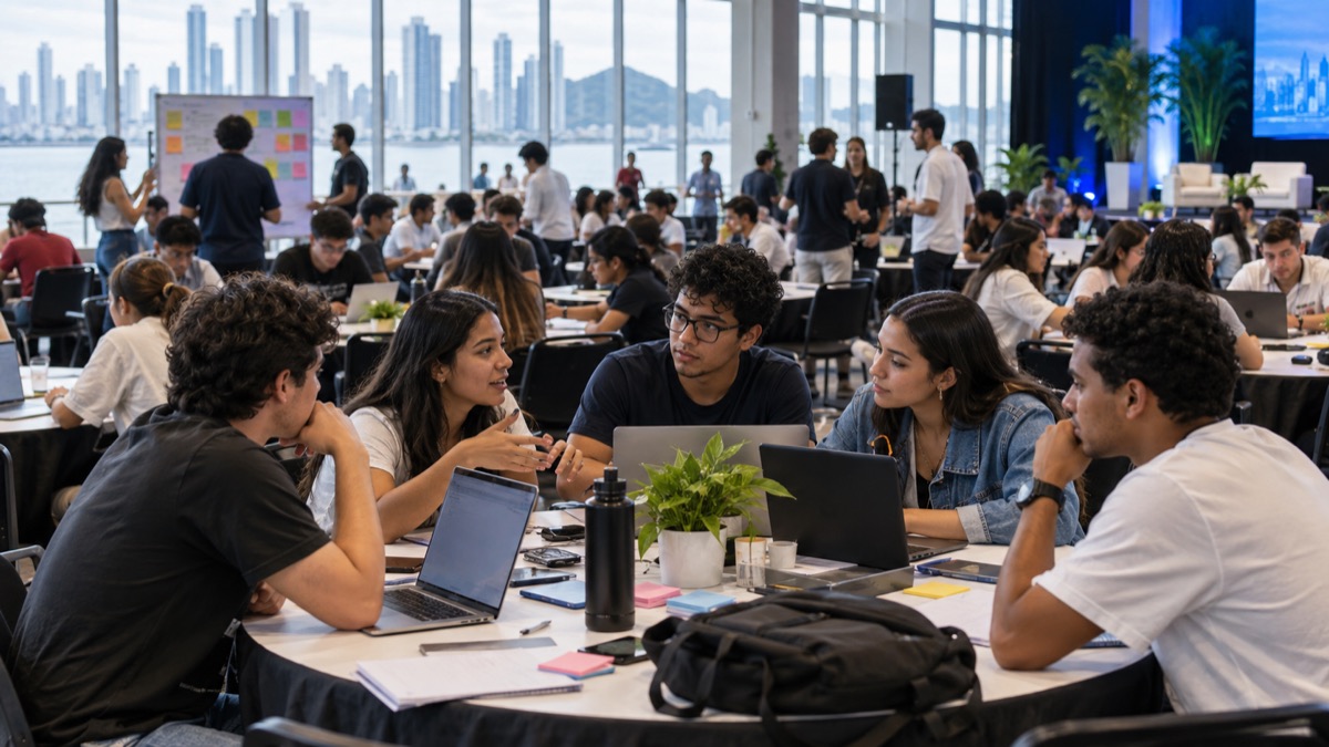 large Panama student innovation event with young people collaborating at tables, no logos or readable screens